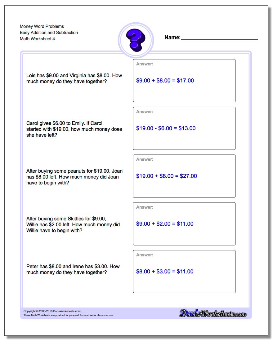 Money Word Problems Worksheet Easy Addition Worksheet and Subtraction Worksheet