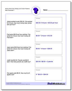 Money Word Problems Worksheet Easy Multiply and Divide