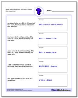 Multiplication Worksheet and Division Worksheet Money Word Problems Worksheet