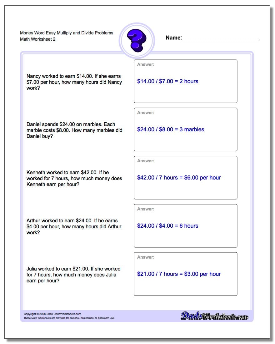Includes writing variables in equations to represent unknowns. Multiplication and Division Money Word Problems