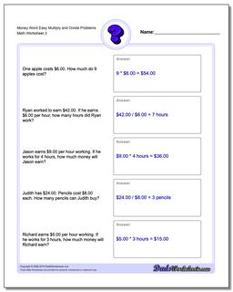 Money Word Easy Multiply and Divide Problems Worksheet