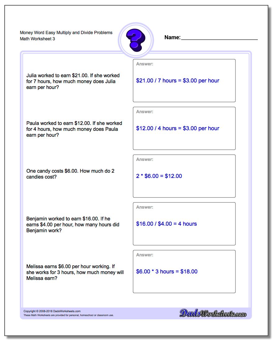 Money Word Easy Multiply and Divide Problems Worksheet