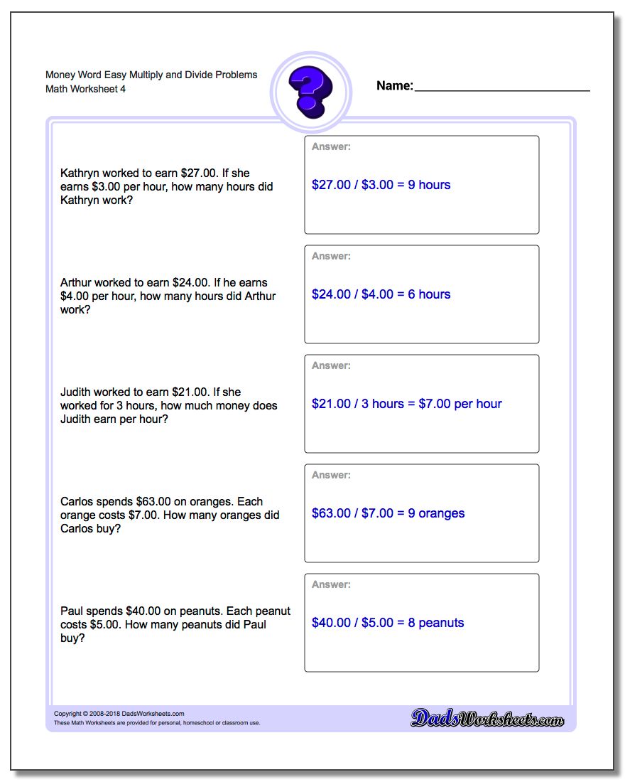 Money Word Easy Multiply and Divide Problems Worksheet