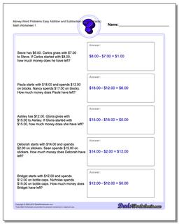 Addition Worksheet and Subtraction Worksheet with Extra Facts Money Word Problems Worksheet