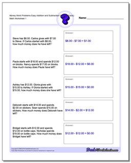 Money Word Problems Worksheet Easy Addition Worksheet and Subtraction Worksheet (Unused Facts)