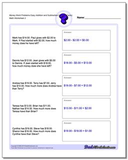 Money Word Problems Worksheet Easy Addition Worksheet and Subtraction Worksheet (Unused Facts) /worksheets/money-word-problems.html