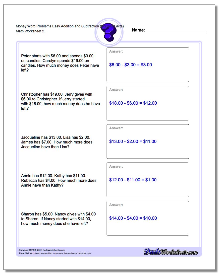 Money Word Problems Worksheet Easy Addition Worksheet and Subtraction Worksheet (Unused Facts) www.dadsworksheets.com/worksheets/money-word-problems.html