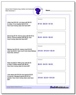 Money Word Problems Worksheet Easy Addition Worksheet and Subtraction Worksheet (Unused Facts)