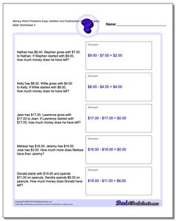 Money Word Problems Worksheet Easy Addition Worksheet and Subtraction Worksheet (Unused Facts)