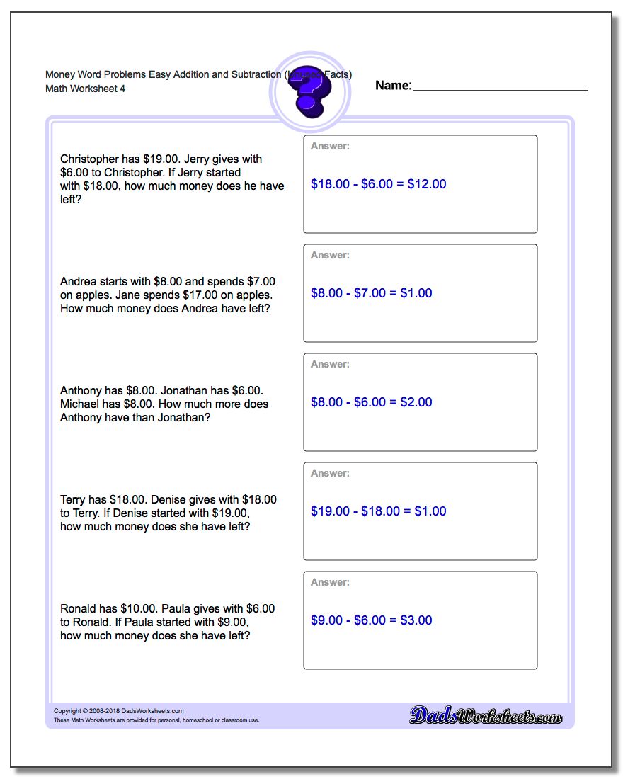 Money Word Problems Worksheet Easy Addition Worksheet and Subtraction Worksheet (Unused Facts)