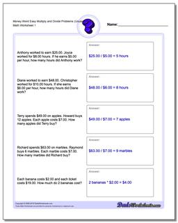 Multiplication Worksheet and Division Worksheet with Extra Facts Money Word Problems Worksheet