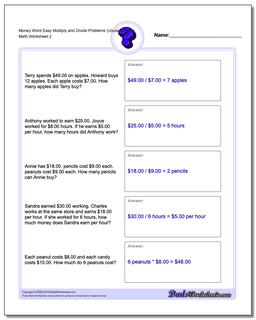 Money Word Easy Multiply and Divide Problems Worksheet (Unused Facts) /worksheets/money-word-problems.html