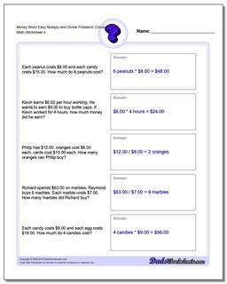 Money Word Easy Multiply and Divide Problems Worksheet (Unused Facts)