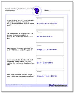 Money Word Problems Worksheet Mixed Operation (Unused Facts) 4