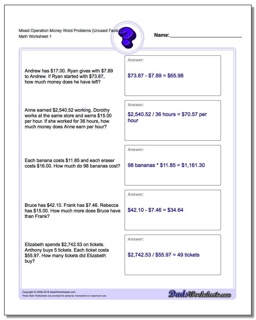 Money Word Problems Worksheet Mixed Operation (Unused Facts) 4