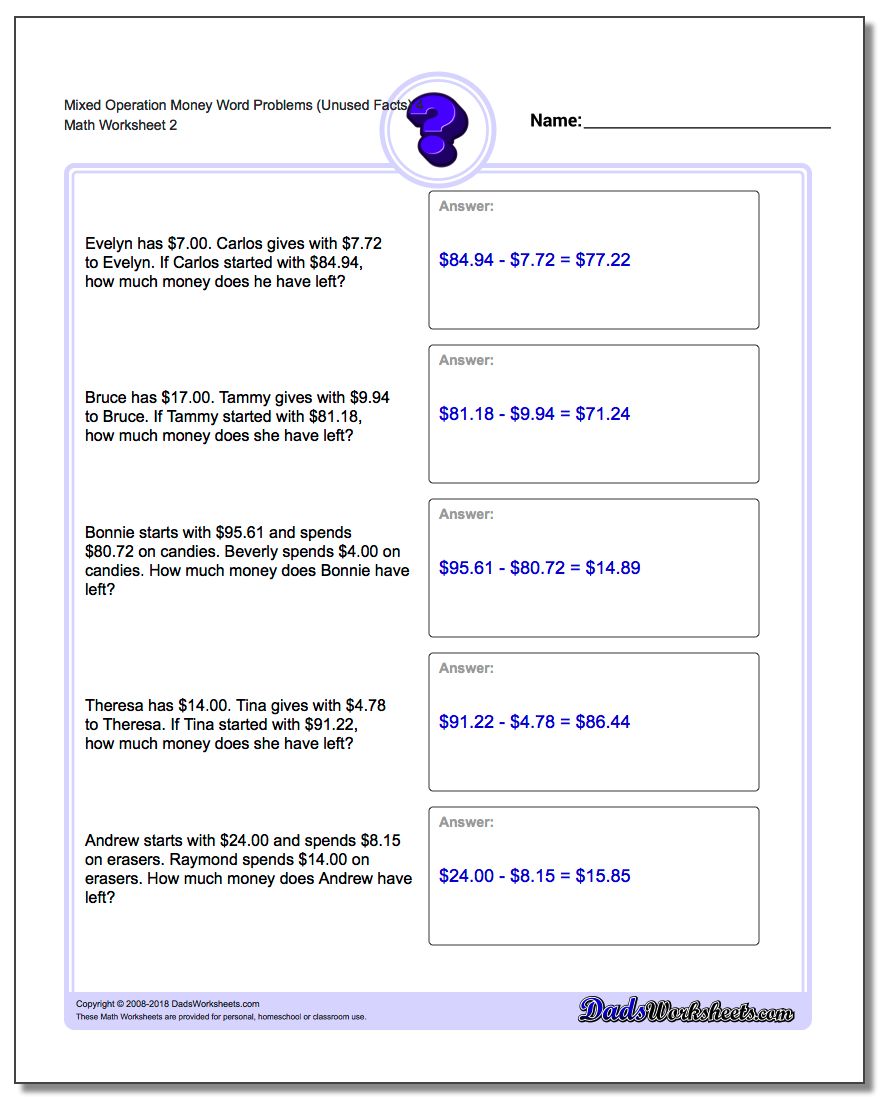 Mixed Operation Money Word Problems Worksheet (Unused Facts) 4 www.dadsworksheets.com/worksheets/money-word-problems.html