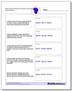 Mixed Operation Money Word Problems Worksheet (Unused Facts) 4