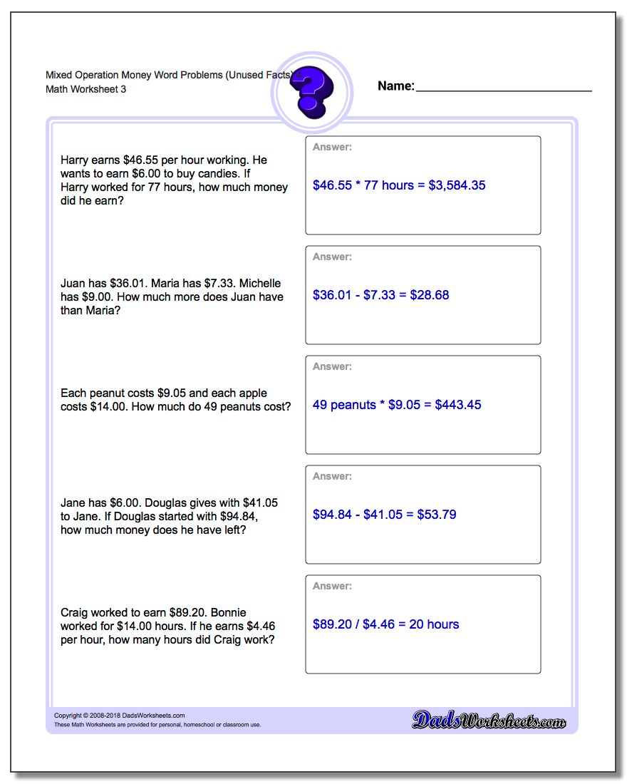 Mixed Operation Money Word Problems Worksheet (Unused Facts) 4