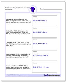 Mixed Operation Money Word Problems Worksheet (Unused Facts) 4