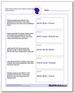 Money Word Problems Worksheet Mixed Operation (Unused Facts) 1