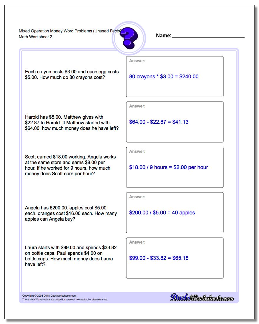 Mixed Operation Money Word Problems Worksheet (Unused Facts) 1 www.dadsworksheets.com/worksheets/money-word-problems.html