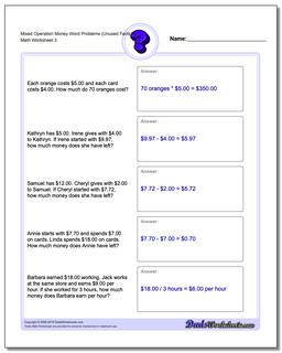 Mixed Operation Money Word Problems Worksheet (Unused Facts) 1