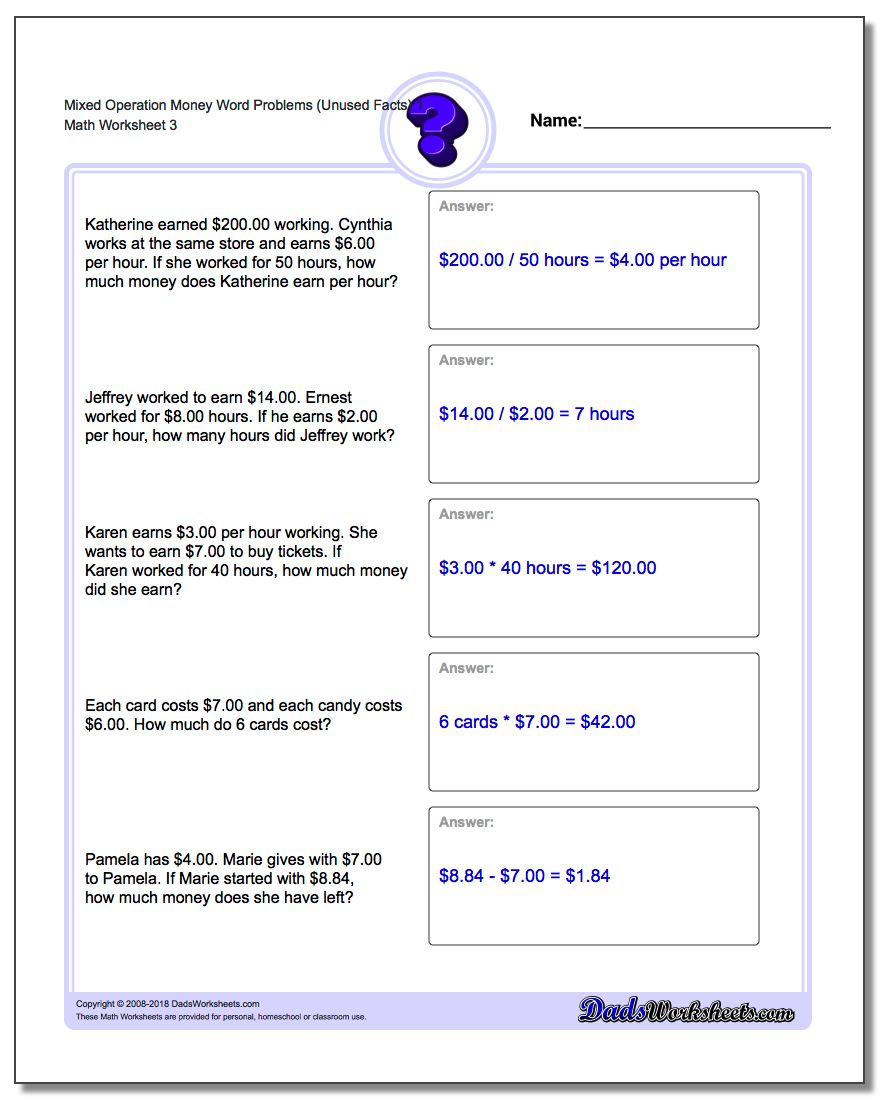Mixed Operation Money Word Problems with Extra Facts