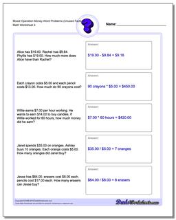 Mixed Operation Money Word Problems Worksheet (Unused Facts) 1