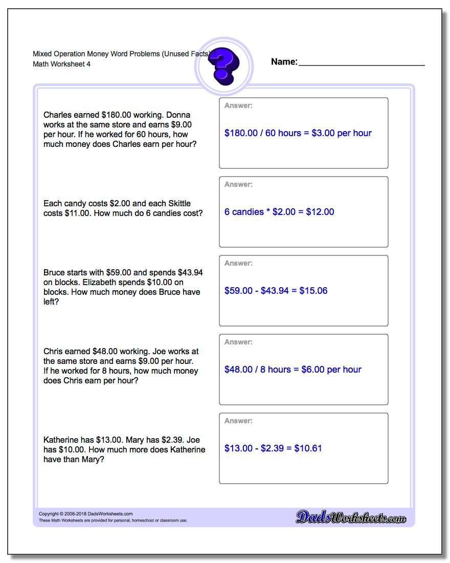 Mixed Operation Money Word Problems Worksheet (Unused Facts) 1