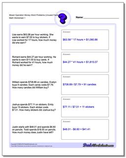 Money Word Problems Worksheet Mixed Operation (Unused Facts) 3