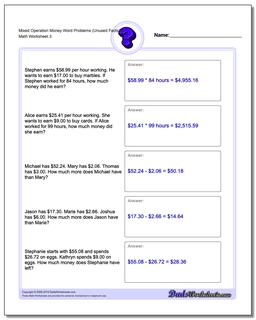 Mixed Operation Money Word Problems Worksheet (Unused Facts) 3