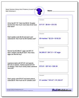 Mixed Operation Money Word Problems Worksheet (Unused Facts) 3