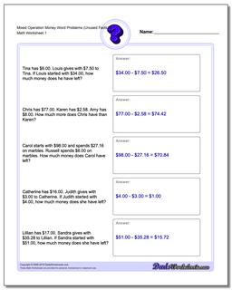 Money Word Problems Worksheet Mixed Operation (Unused Facts) 2