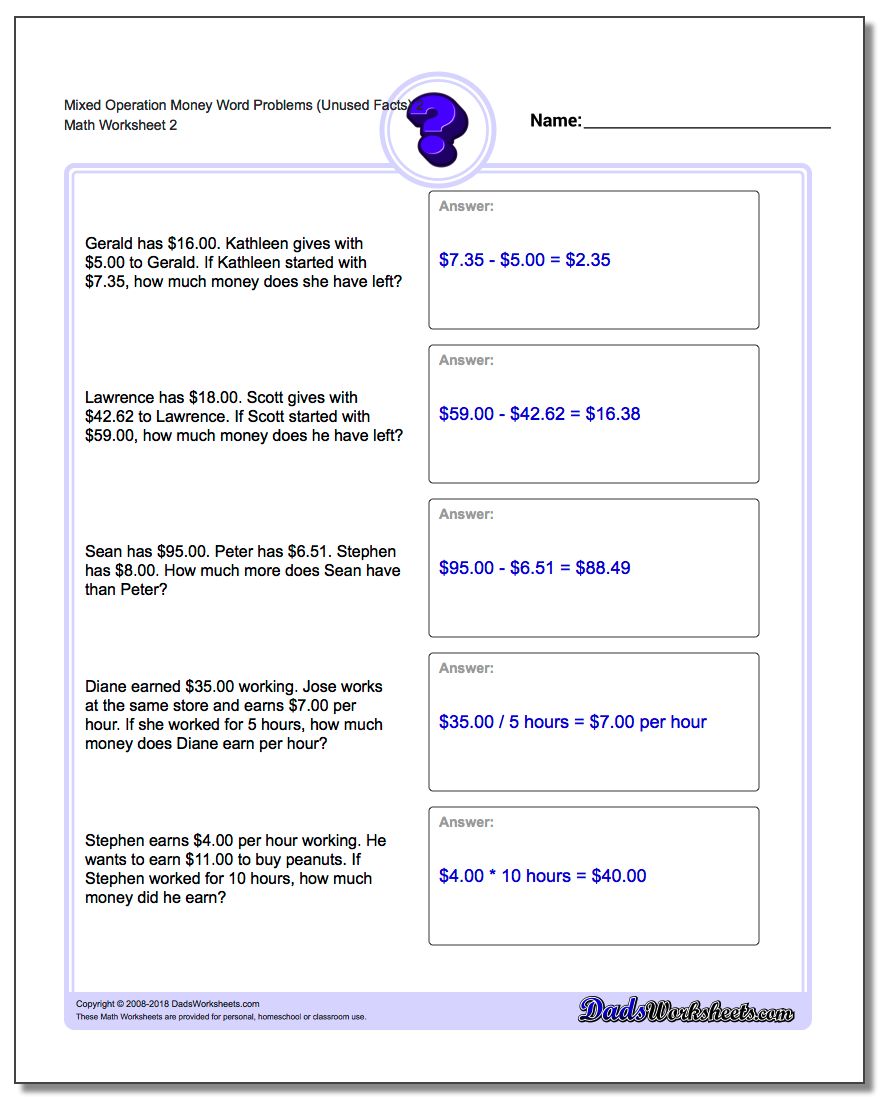 Mixed Operation Money Word Problems Worksheet (Unused Facts) 2 www.dadsworksheets.com/worksheets/money-word-problems.html