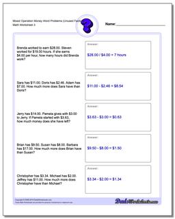 Mixed Operation Money Word Problems Worksheet (Unused Facts) 2