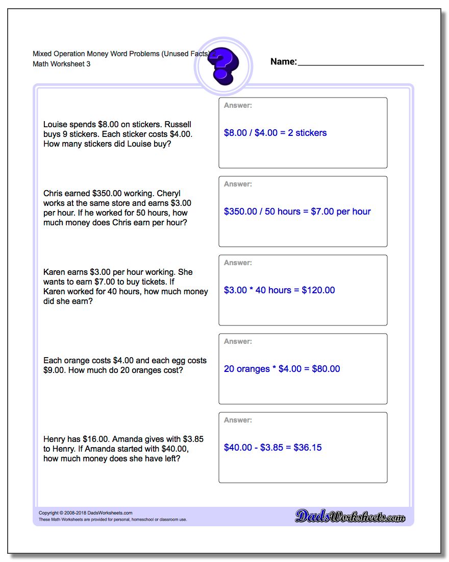 Mixed Operation Money Word Problems Worksheet (Unused Facts) 2