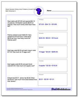 Mixed Operation Money Word Problems Worksheet (Unused Facts) 2