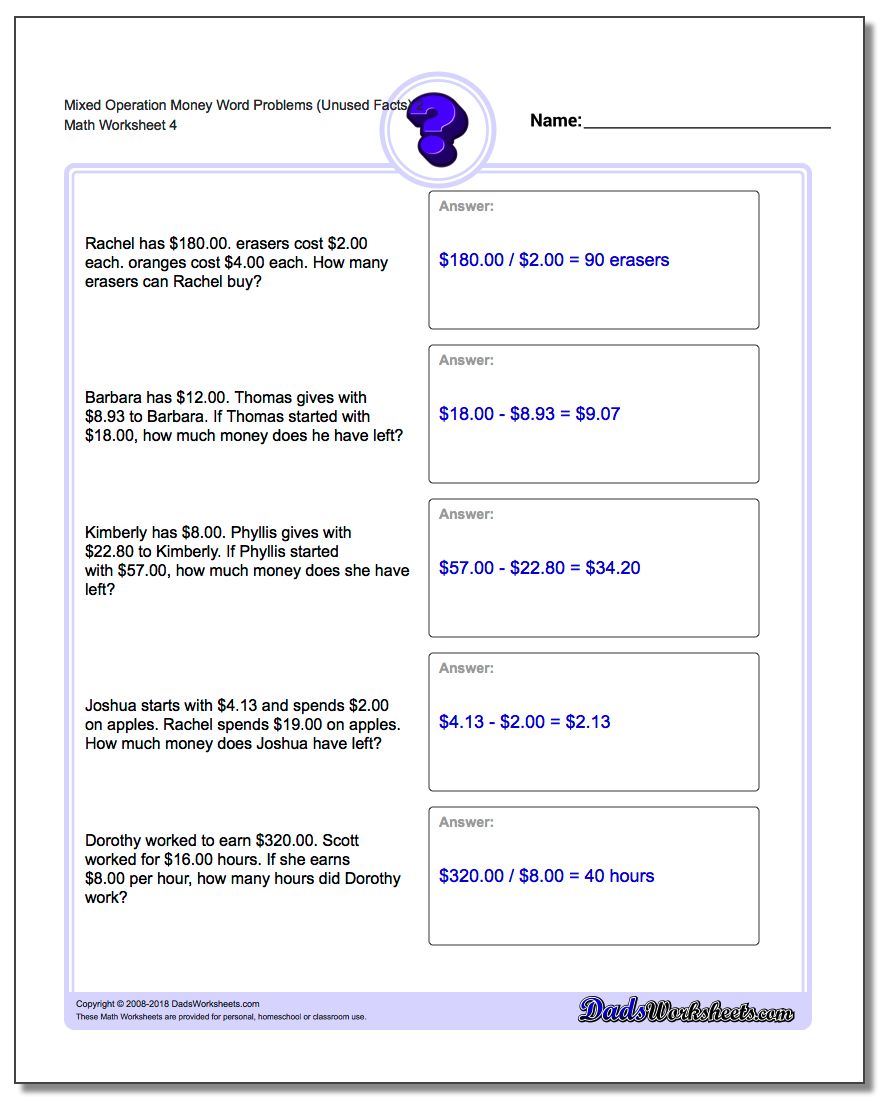 Mixed Operation Money Word Problems Worksheet (Unused Facts) 2