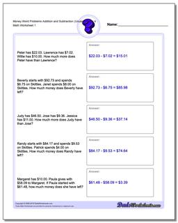 Money Word Problems Worksheet Addition Worksheet and Subtraction Worksheet (Unused Facts) 4