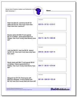 Money Word Problems Worksheet Addition Worksheet and Subtraction Worksheet (Unused Facts) 4