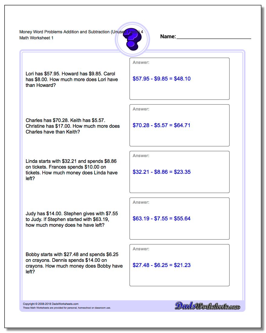 Money Word Problems Worksheet Addition Worksheet and Subtraction Worksheet (Unused Facts) 4