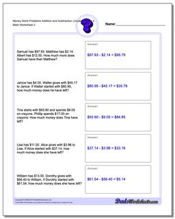 Money Word Problems Worksheet Addition Worksheet and Subtraction Worksheet (Unused Facts) 4 /worksheets/money-word-problems.html