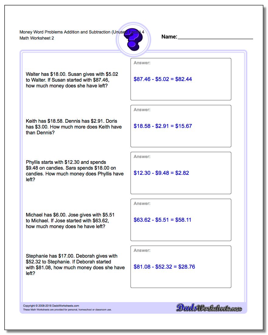 Money Word Problems Worksheet Addition Worksheet and Subtraction Worksheet (Unused Facts) 4 www.dadsworksheets.com/worksheets/money-word-problems.html