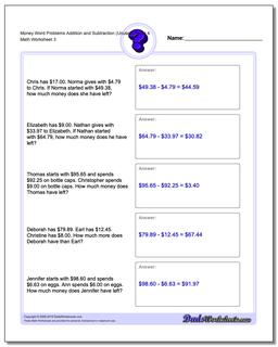 Money Word Problems Worksheet Addition Worksheet and Subtraction Worksheet (Unused Facts) 4