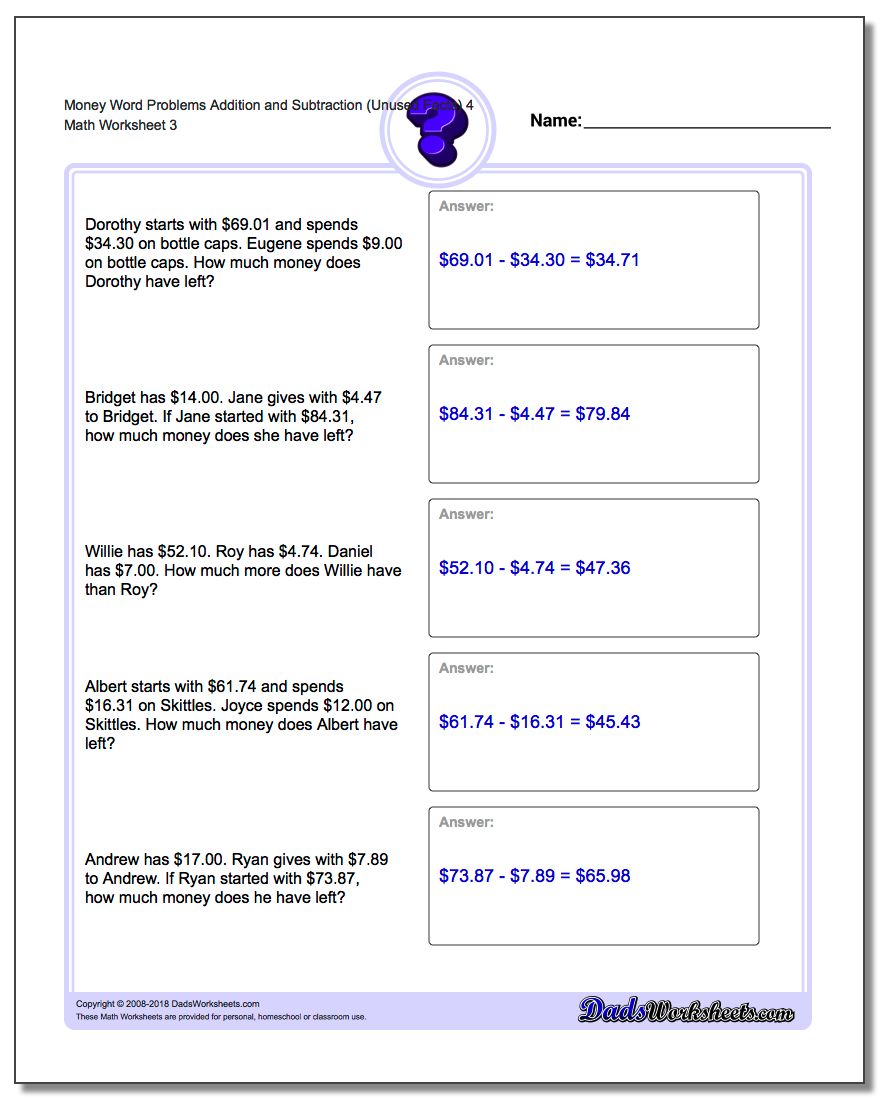 Money Word Problems Worksheet Addition Worksheet and Subtraction Worksheet (Unused Facts) 4