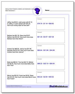 Money Word Problems Worksheet Addition Worksheet and Subtraction Worksheet (Unused Facts) 4