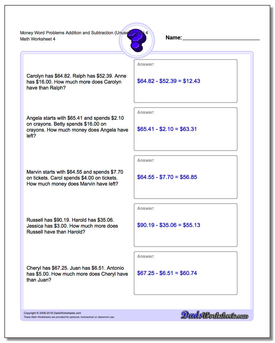 Money Word Problems Worksheet Addition Worksheet and Subtraction Worksheet (Unused Facts) 4