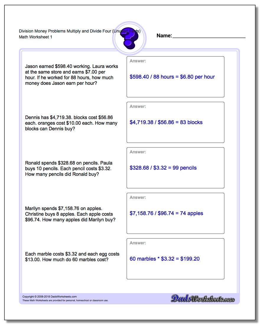 Money Word Problems Worksheet Division Worksheet Multiply and Divide Four (Unused Facts)