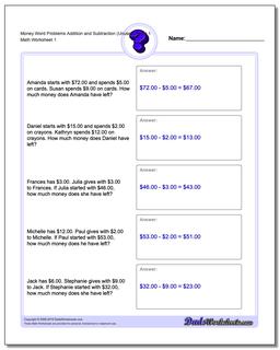 Money Word Problems Worksheet Addition Worksheet and Subtraction Worksheet (Unused Facts) 1