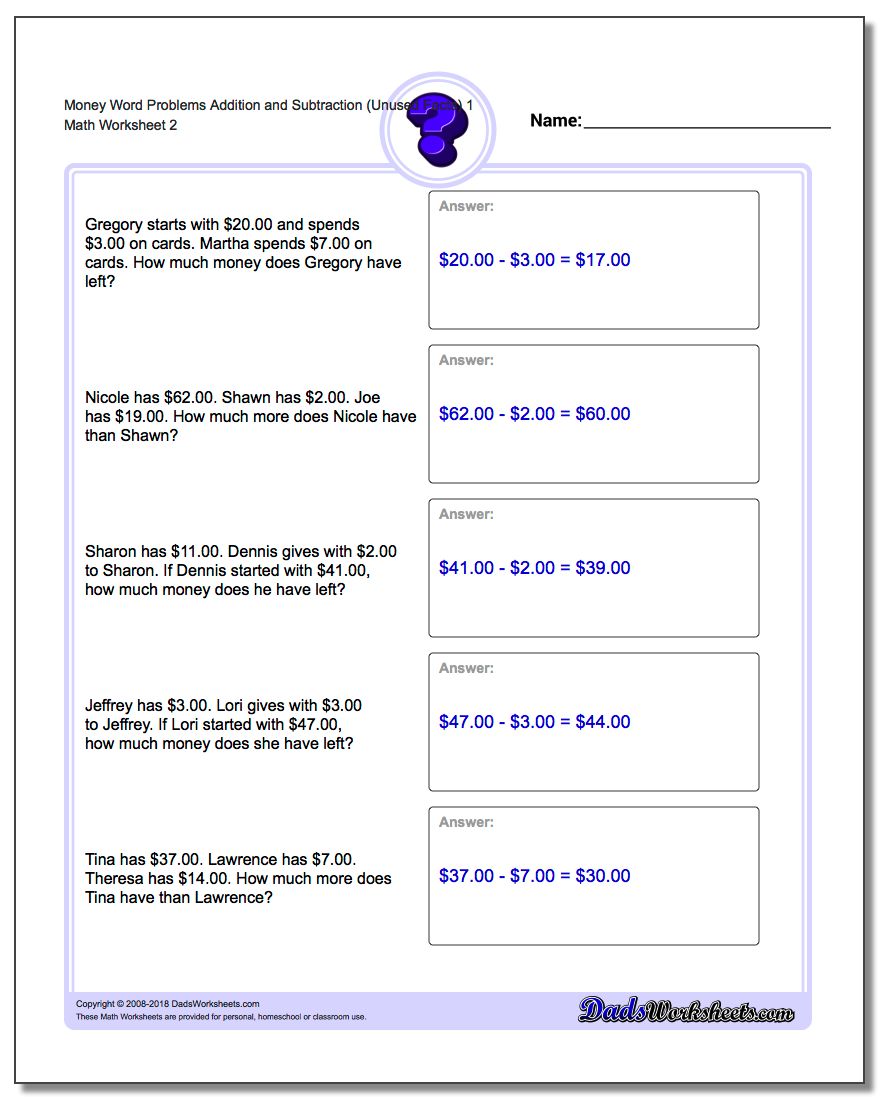 Money Word Problems Worksheet Addition Worksheet and Subtraction Worksheet (Unused Facts) 1 www.dadsworksheets.com/worksheets/money-word-problems.html